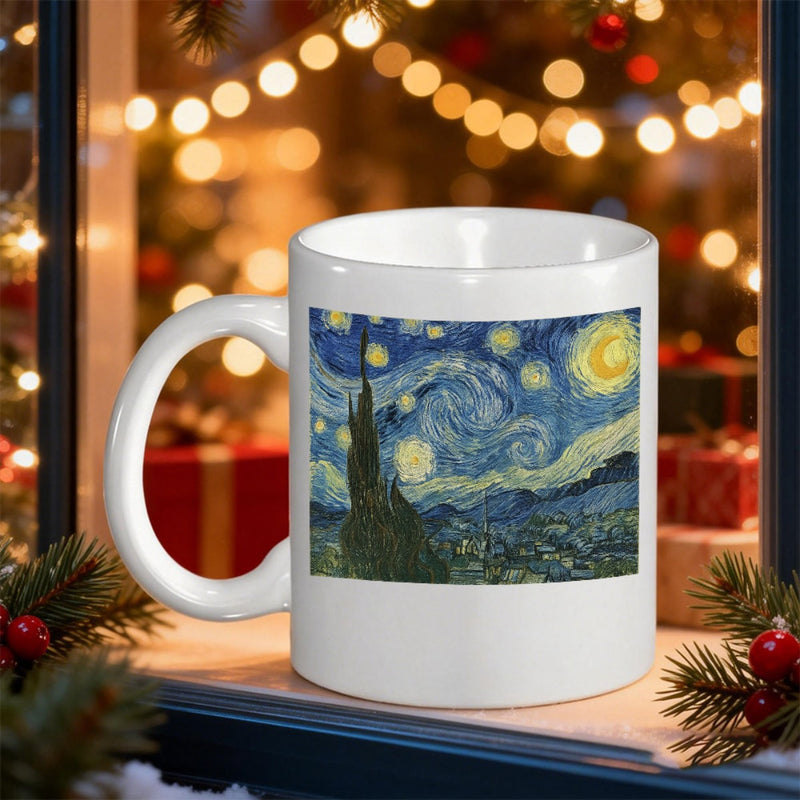 Tailorly White Ceramic 11 oz Mug - Swirling Blue Night Sky With Glowing Yellow Moon And Stars Painting