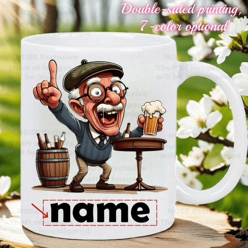 Tailorly White Ceramic 11 oz Mug - Name Cheerful Cartoon Elderly Character Wearing Cap Holding Frothy Beer Man