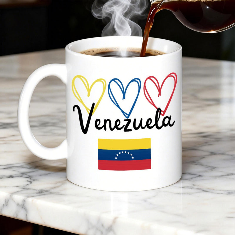 Tailorly White Ceramic 11 oz Mug - Venezuela Three Artistic Hand Drawn Hearts Above National South American Flag Mug