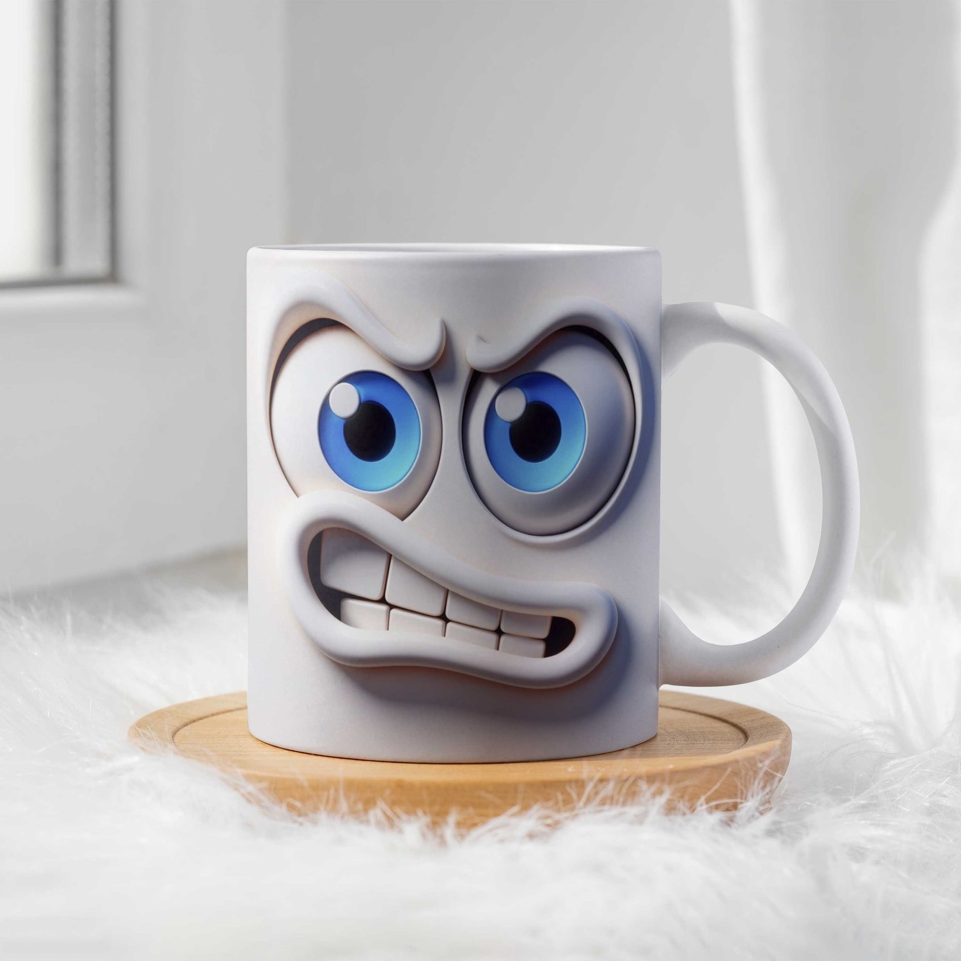 Tailorly White Ceramic 11 oz Mug - Angry Three Dimensional Cartoon Expression Featuring Large Blue Eyes And Grimacing Face