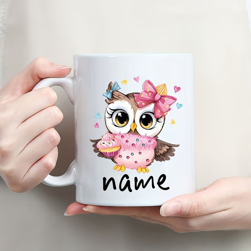 Tailorly White Ceramic 11 oz Mug - Name Adorable Cartoon Character Wearing Pink Bow Holding Sweet Cupcake Decorated With Hearts Owl
