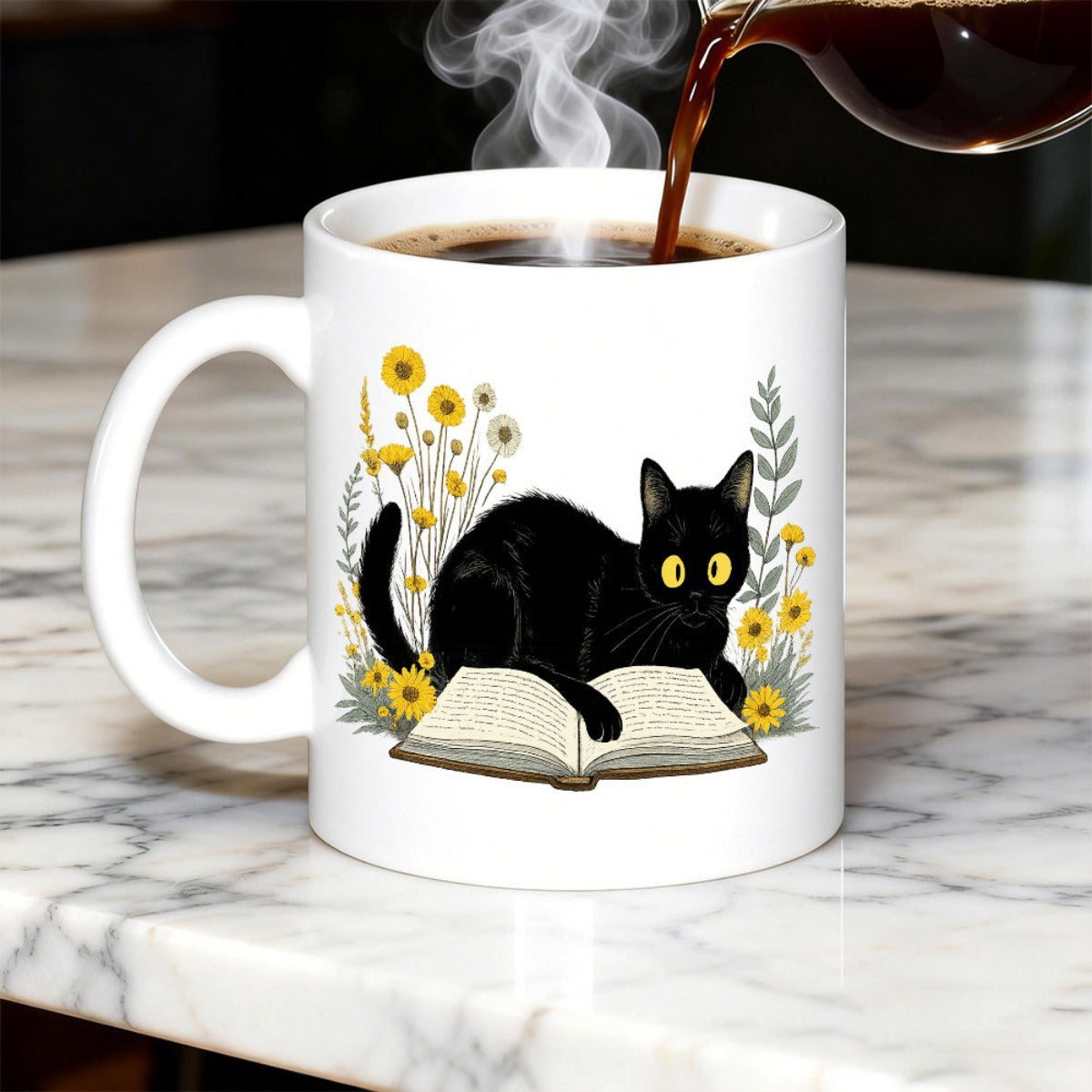 Tailorly White Ceramic 11 oz Mug - Whimsical Black Feline Resting On Open Book Among Golden Wildflowers Cat