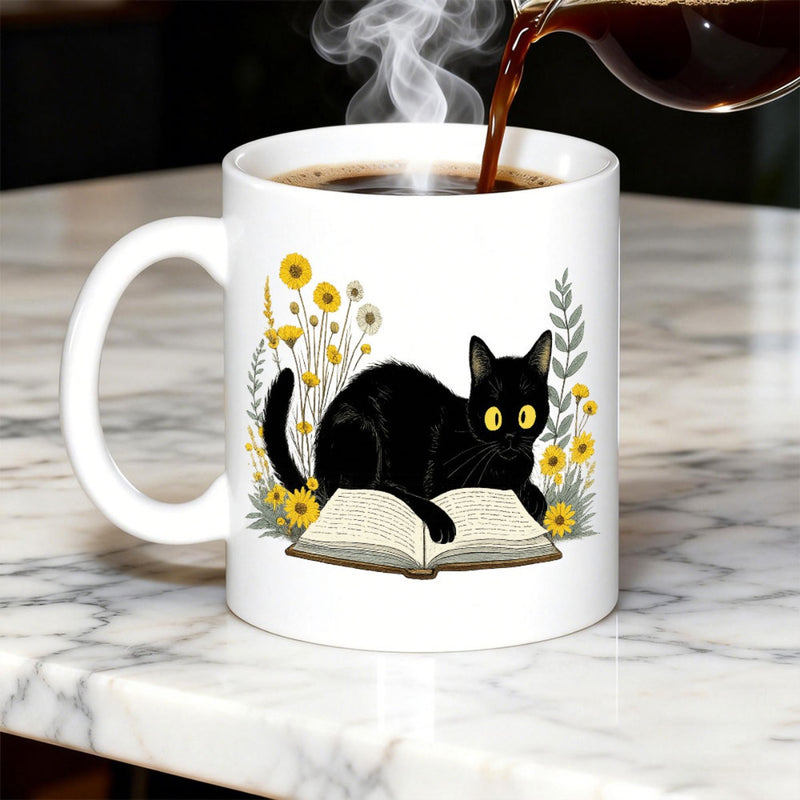 Tailorly White Ceramic 11 oz Mug - Whimsical Black Feline Resting On Open Book Among Golden Wildflowers Cat