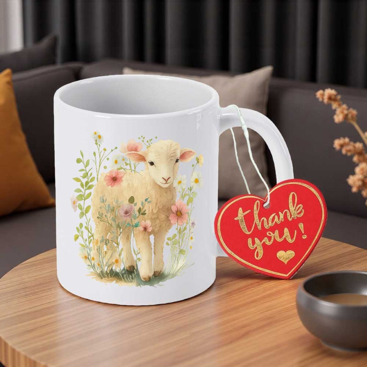 Tailorly White Ceramic 11 oz Mug - Thank You Cute Watercolor Style Standing Amidst Blooming Wildflowers And Greenery Lamb