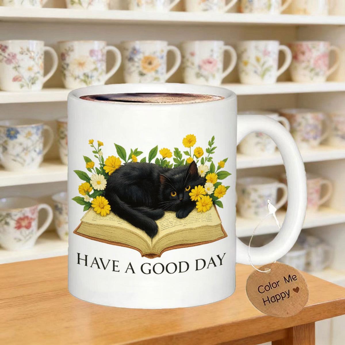 Tailorly White Ceramic 11 oz Mug - Have A Good Day Sleek Black Feline Resting On Open Book With Bright Yellow Garden Cat