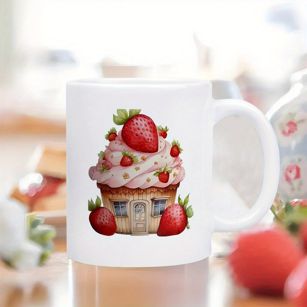 Tailorly White Ceramic 11 oz Mug - Whimsical Fairy House Decorated With Ripe Red Creamy Strawberry Cupcake