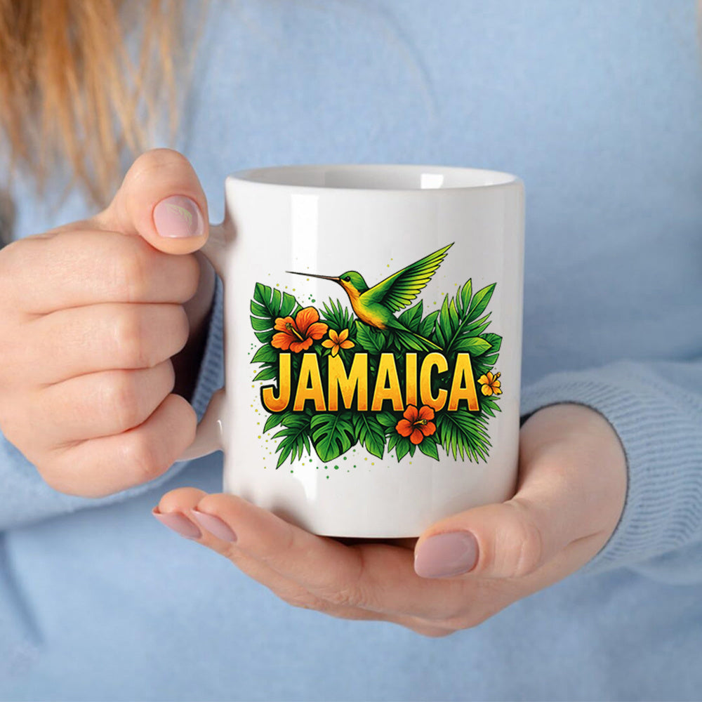 Tailorly White Ceramic 11 oz Mug - Jamaica Vibrant Tropical Green Hummingbird Among Lush Exotic Leaves And Hibiscus Bird