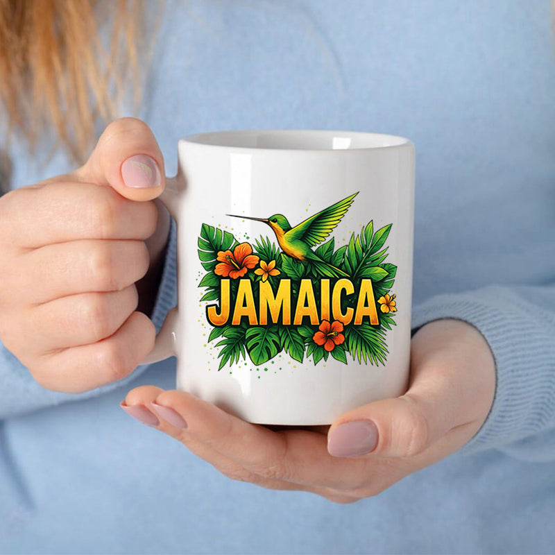 Tailorly White Ceramic 11 oz Mug - Jamaica Vibrant Tropical Green Hummingbird Among Lush Exotic Leaves And Hibiscus Bird