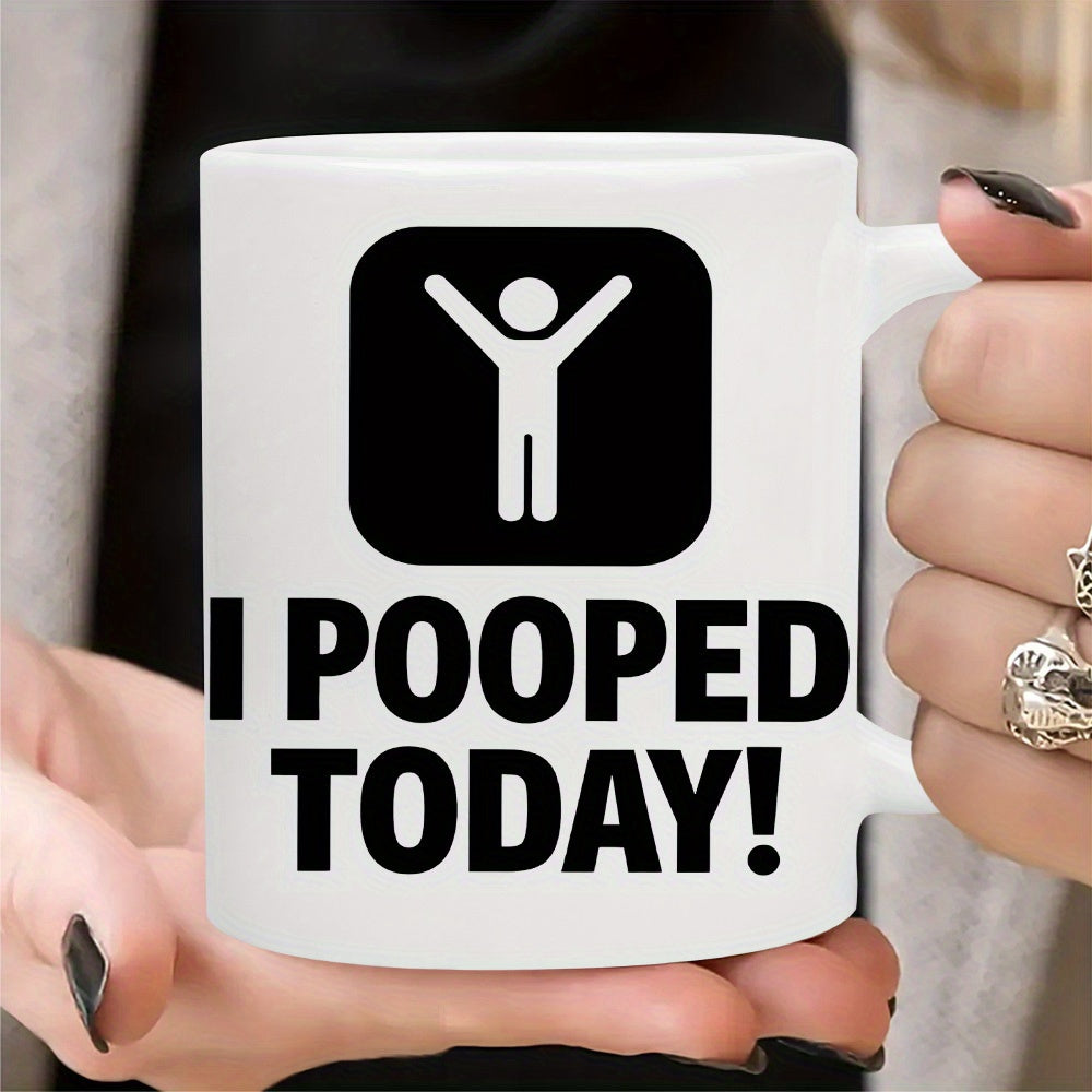Tailorly White Ceramic 11 oz Mug - I Pooped Today Minimalist Black Square Frame With A Simplified White Cheerful Silhouette Human Icon