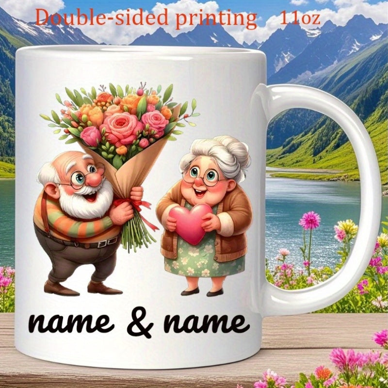Tailorly White Ceramic 11 oz Mug - Name Name Elderly Couple Holding Large Colorful Flower Bouquet And Pink Heart Couple