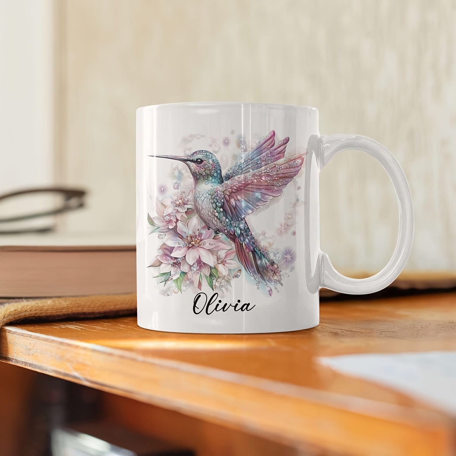 Tailorly White Ceramic 11 oz Mug - Olivia Elegant Watercolor Bird Resting Amidst Blooming Soft Pink Petals And Flora Hummingbird