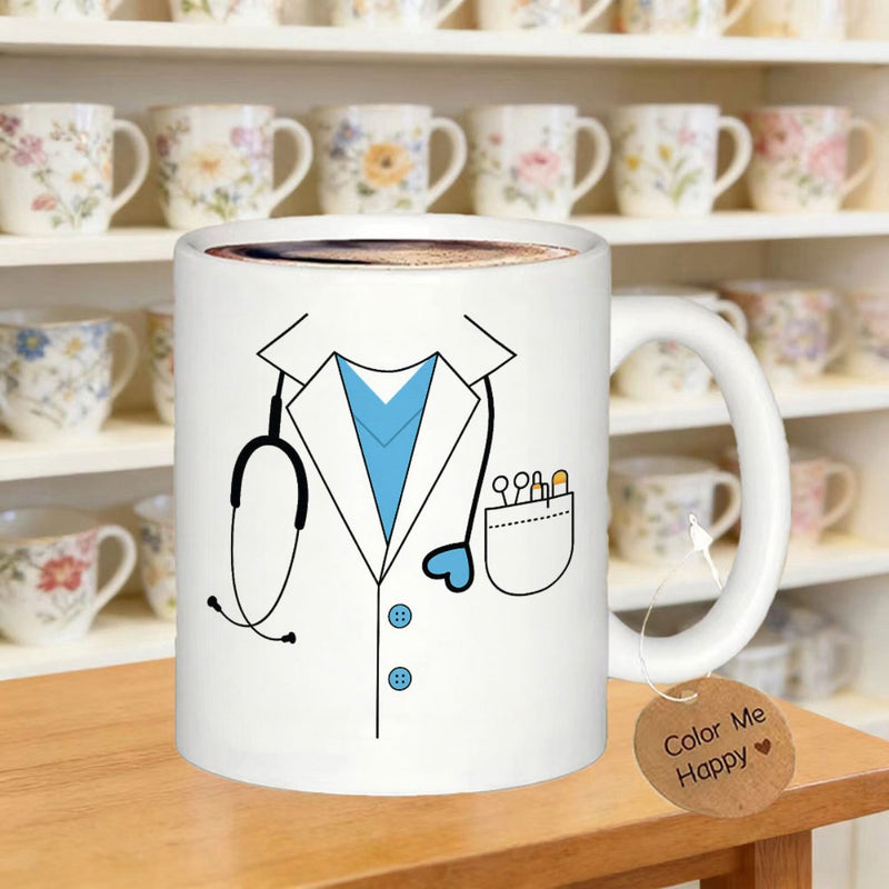 Tailorly White Ceramic 11 oz Mug - Minimalist White Lab Coat With Stethoscope And Blue Scrub Pocket Doctor