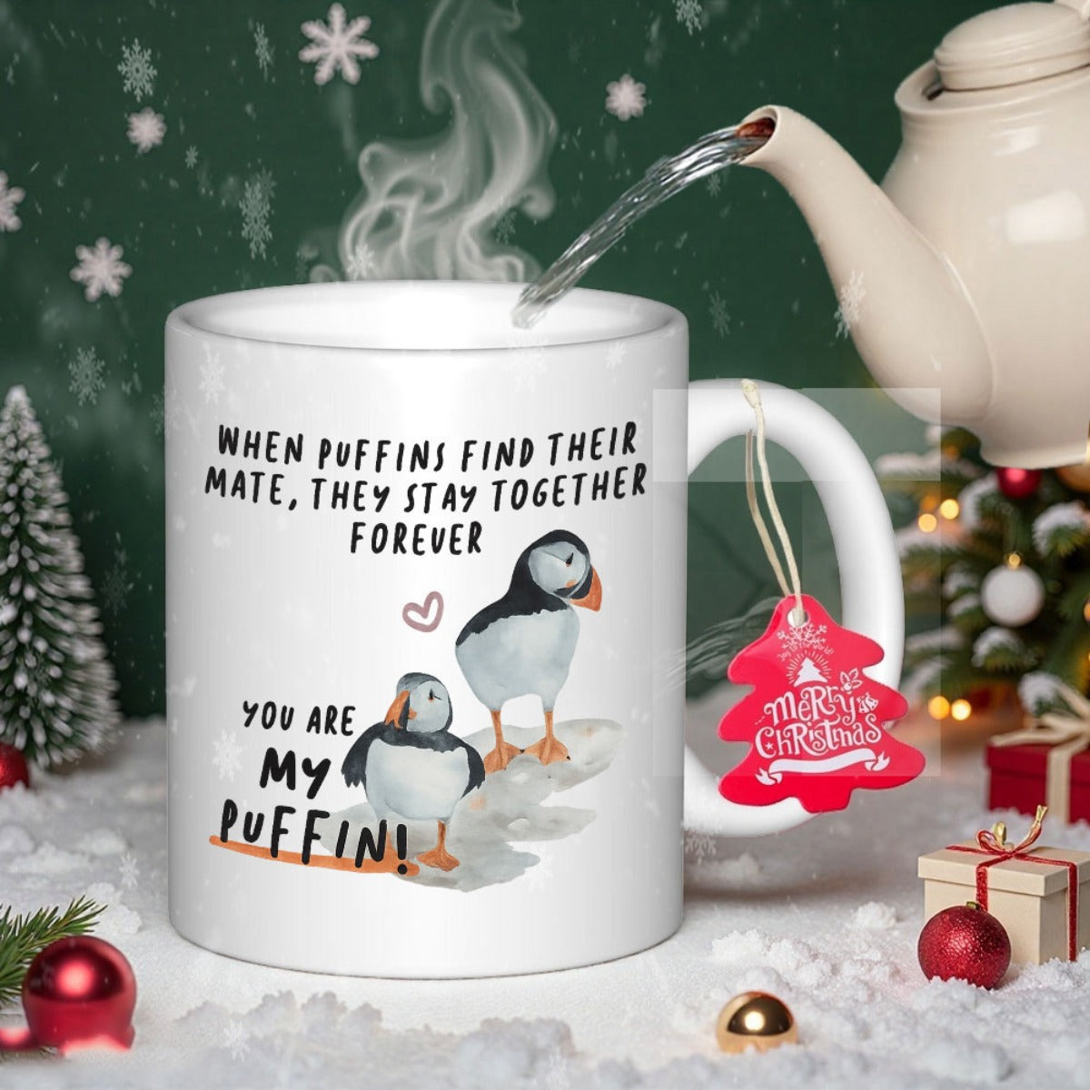 Tailorly White Ceramic 11 oz Mug - When Puffins Find Their Mate They Stay Together Forever You Are My Puffin Two Adorable Sea Birds Standing On Snowy Ground Puffin