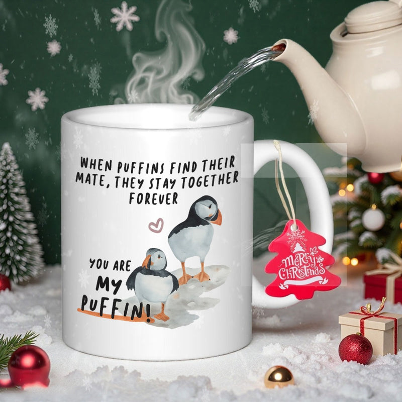 Tailorly White Ceramic 11 oz Mug - When Puffins Find Their Mate They Stay Together Forever You Are My Puffin Two Adorable Sea Birds Standing On Snowy Ground Puffin