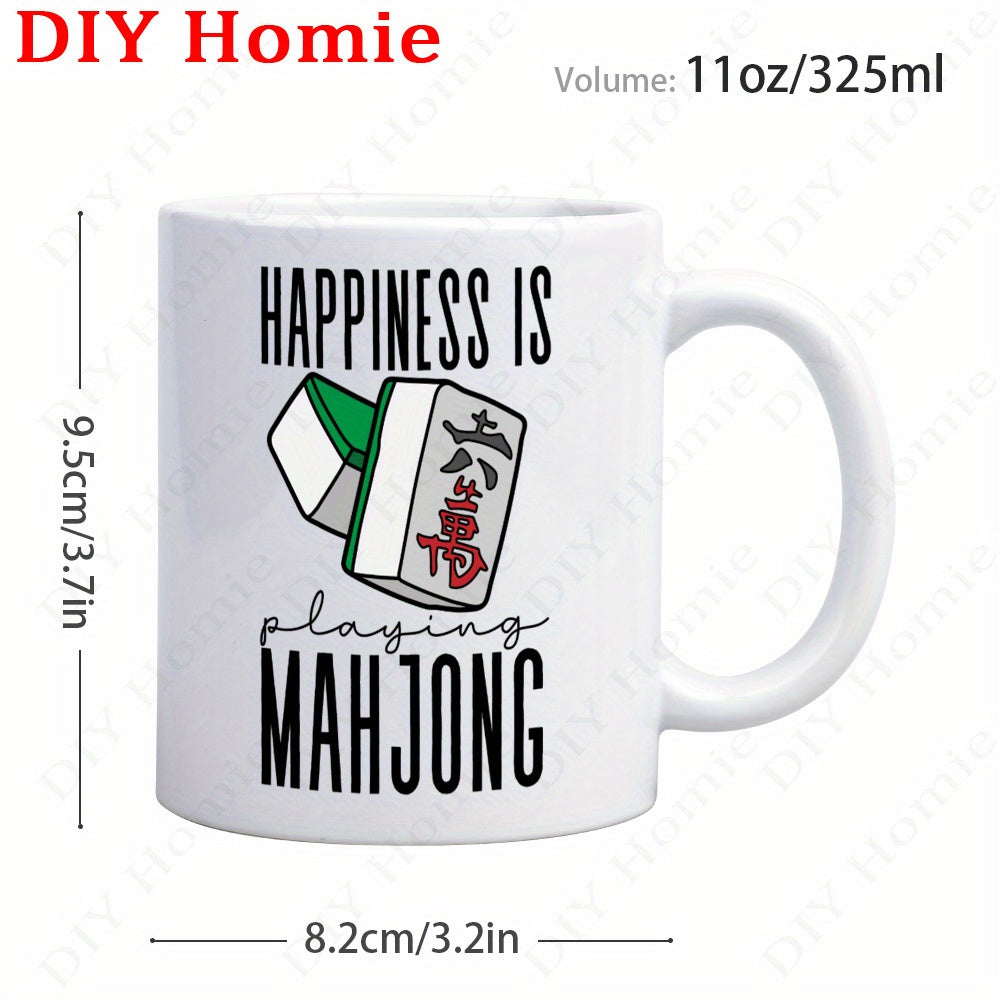 Tailorly White Ceramic 11 oz Mug - Happiness Is Playing Mahjong Traditional Gaming Tiles Featuring Red Chinese Character And Green Backs Mahjong