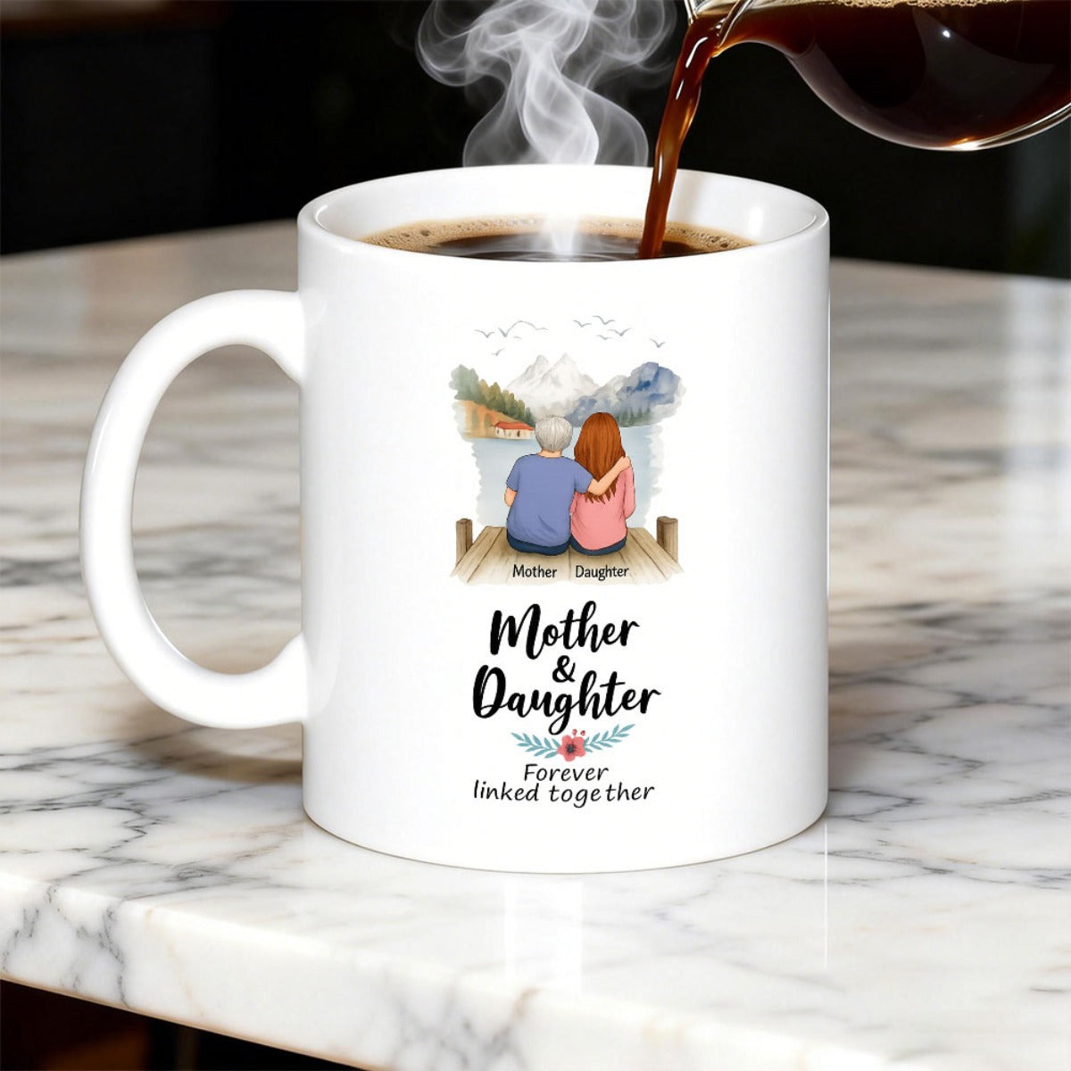 Tailorly White Ceramic 11 oz Mug - Mother Daughter Forever Linked Together Peaceful Scene With Two Figures Resting On A Pier Facing Mountains Illustration