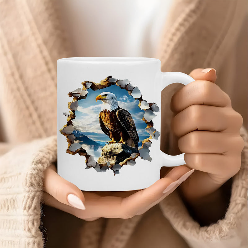 Tailorly White Ceramic 11 oz Mug - Majestic Bird Perched On Rock Amidst Distant Mountain Peaks Under Blue Sky Eagle