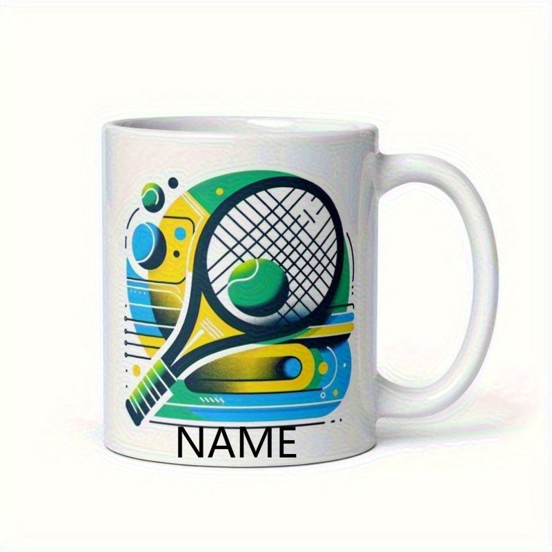 Tailorly White Ceramic 11 oz Mug - Name Modern Artistic Sports Graphic Featuring Vibrant Green Spheres And Professional Tennis Racket