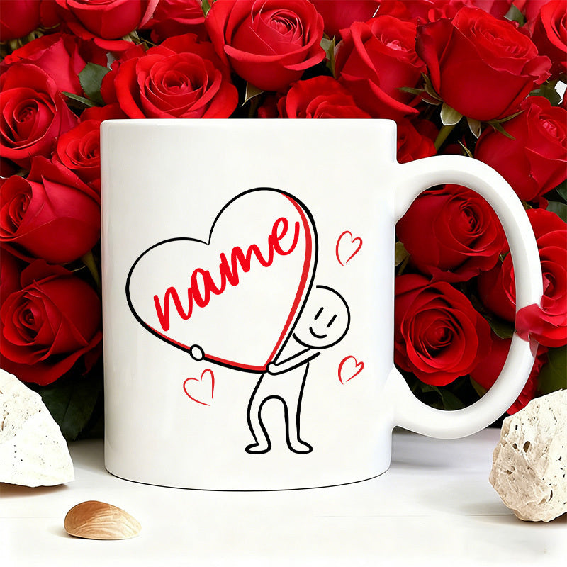 Tailorly White Ceramic 11 oz Mug - Name Simple Stick Figure Holding Large Red Outlined Heart Heart
