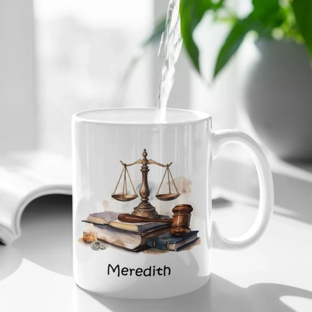 Tailorly White Ceramic 11 oz Mug - Meredith Vintage Style Watercolor Law Books And Gavel With Justice Scales