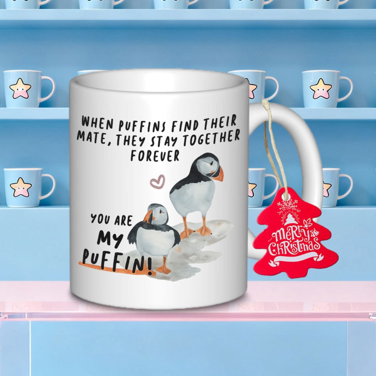 Tailorly White Ceramic 11 oz Mug - When Puffins Find Their Mate They Stay Together Forever You Are My Puffin Two Cute Illustrated Arctic Sea Birds Standing