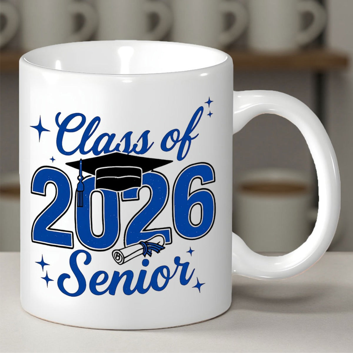 Tailorly White Ceramic 11 oz Mug - Class Of Senior Traditional Black Mortarboard With Tassel Over Blue Bold Numbers Among Stars Cap