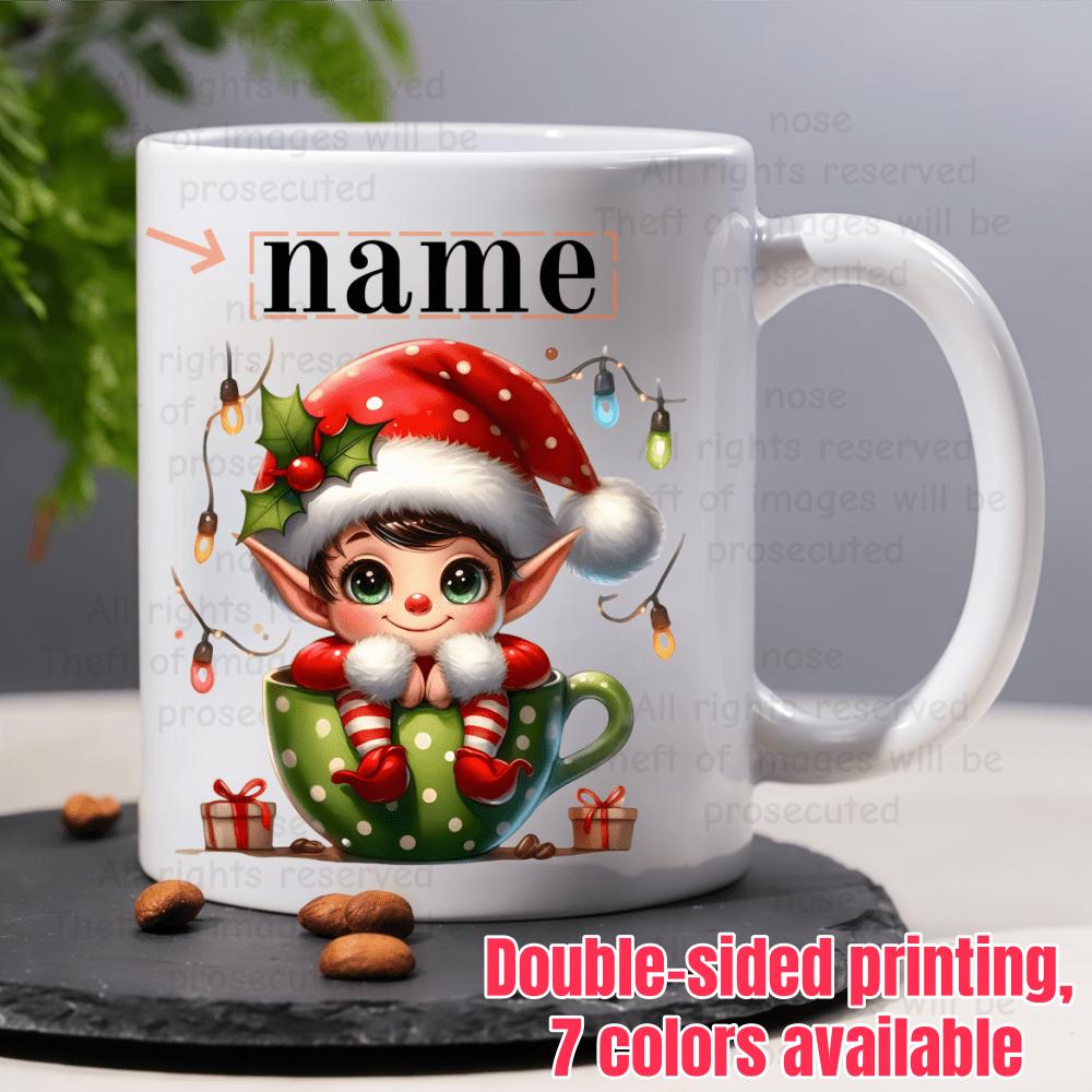 Tailorly White Ceramic 11 oz Mug - Name Festive Holiday Elf Wearing Santa Hat Sitting Inside Polka Dot Cup Elf