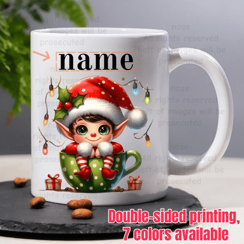 Tailorly White Ceramic 11 oz Mug - Name Festive Holiday Elf Wearing Santa Hat Sitting Inside Polka Dot Cup Elf