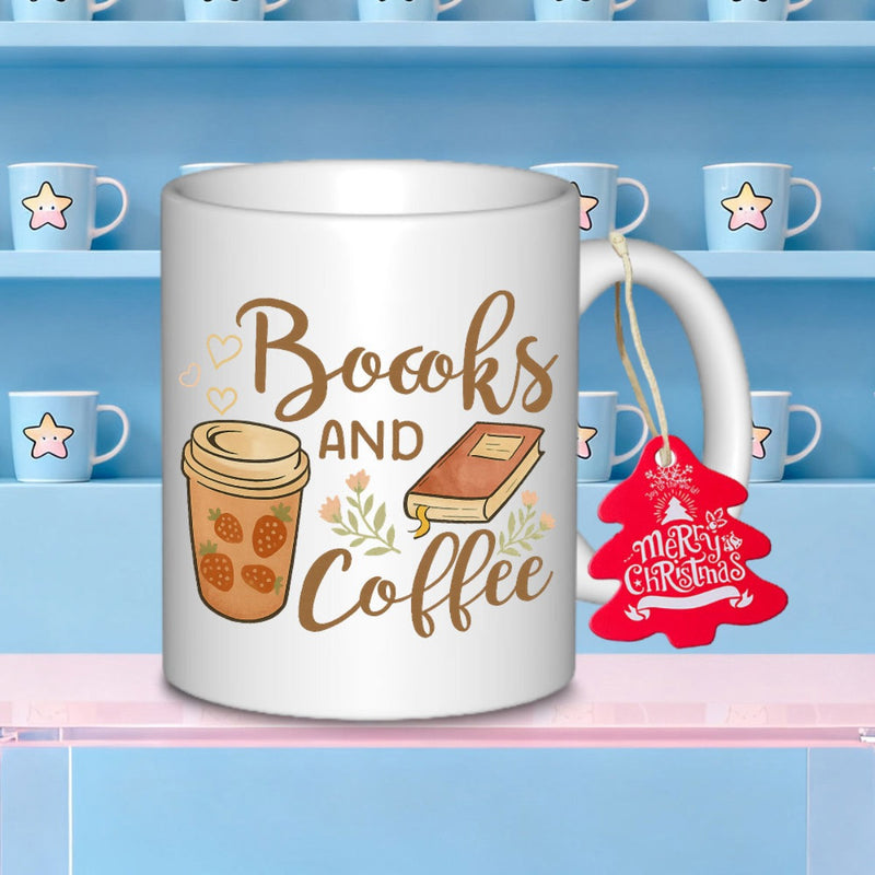 Tailorly White Ceramic 11 oz Mug - Books And Coffee Classic Journal And Takeout Cup With Delicate Flowers Under Artistic Text Mug