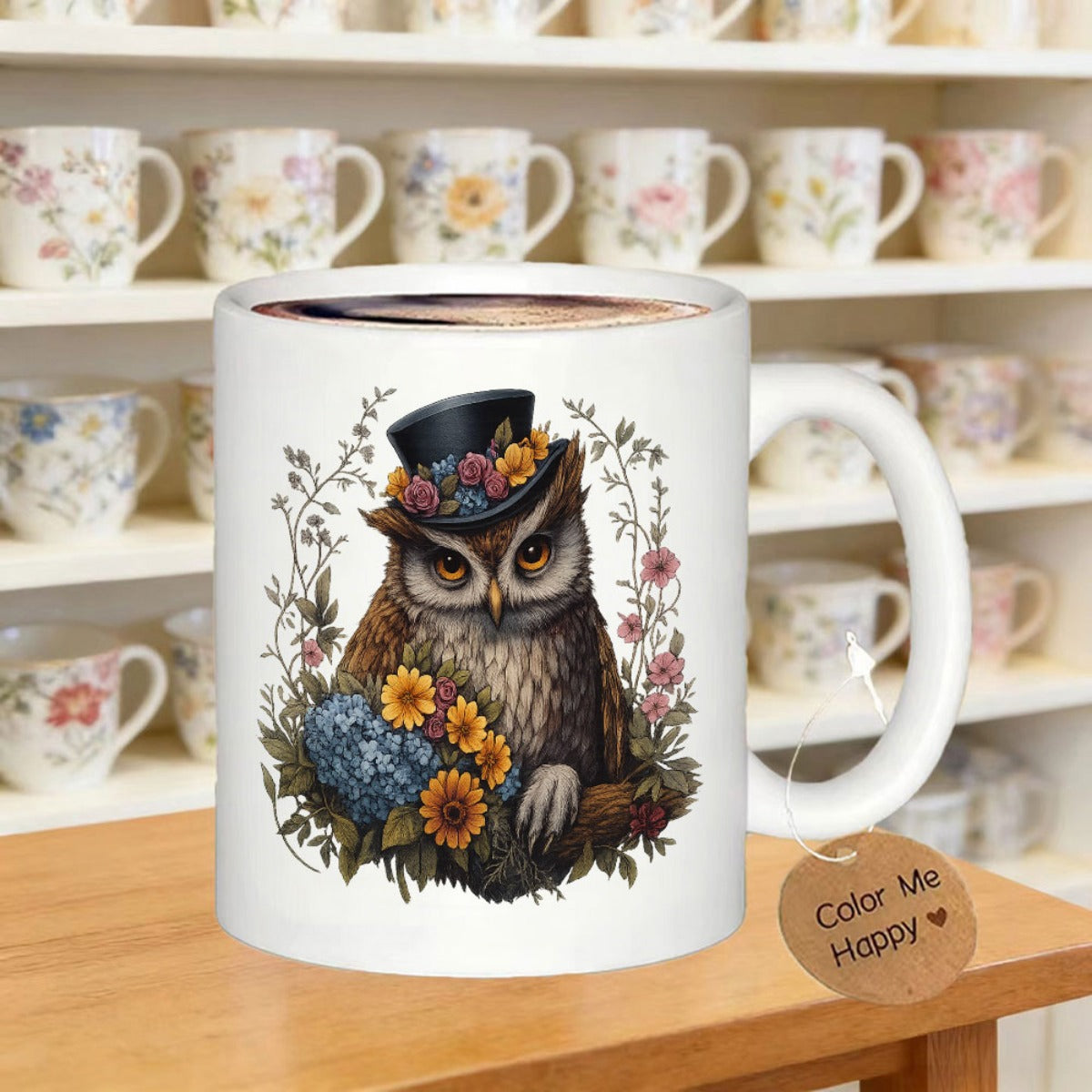 Tailorly White Ceramic 11 oz Mug - Color Me Happy Wise Owl Wearing Vintage Top Hat With Vibrant Garden Flowers Owl