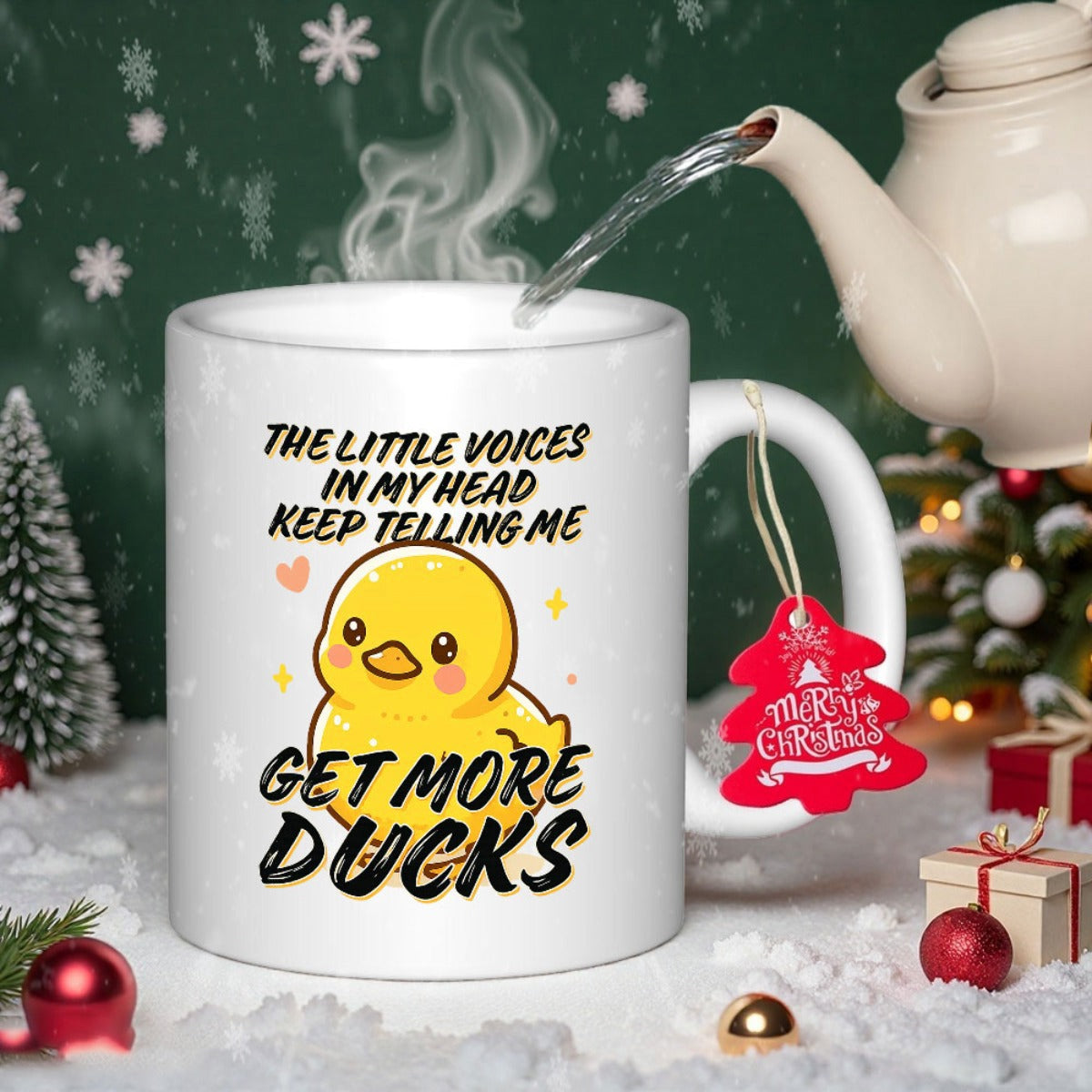 Tailorly White Ceramic 11 oz Mug - The Little Voices In My Head Keep Telling Me Get More Ducks Cute Vibrant Yellow Cartoon Duck Among Pink Hearts And Golden