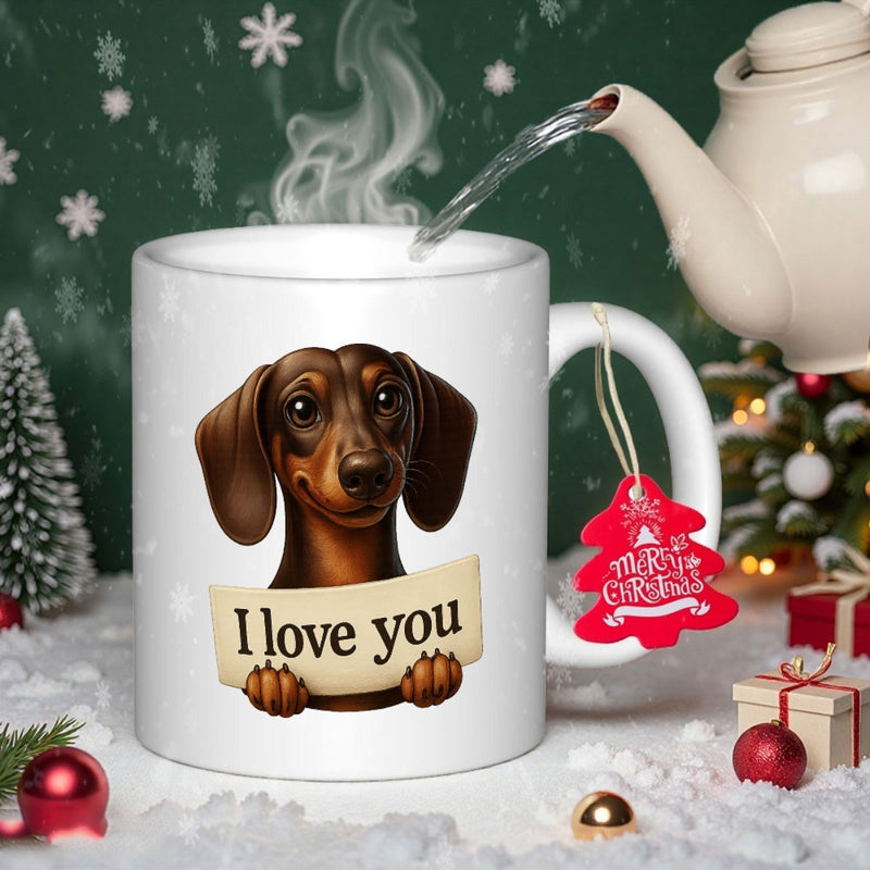 Tailorly White Ceramic 11 oz Mug - I Love You Cute Brown Dachshund Holding A Sign With Heartwarming Message Dachshund