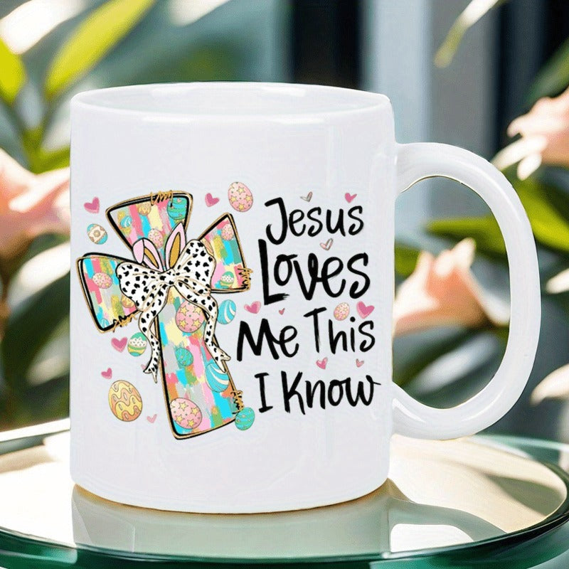 Tailorly White Ceramic 11 oz Mug - Jesus Loves Me This I Know Colorful Patterned Cross Featuring Polka Dot Bow And Bunny Ears Among Eggs Cross