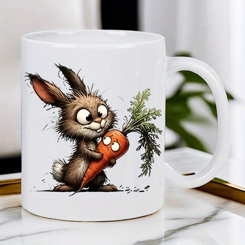 Tailorly White Ceramic 11 oz Mug - Shaggy Brown Bunny Hugging A Large Orange Carrot With Green Leaves Rabbit
