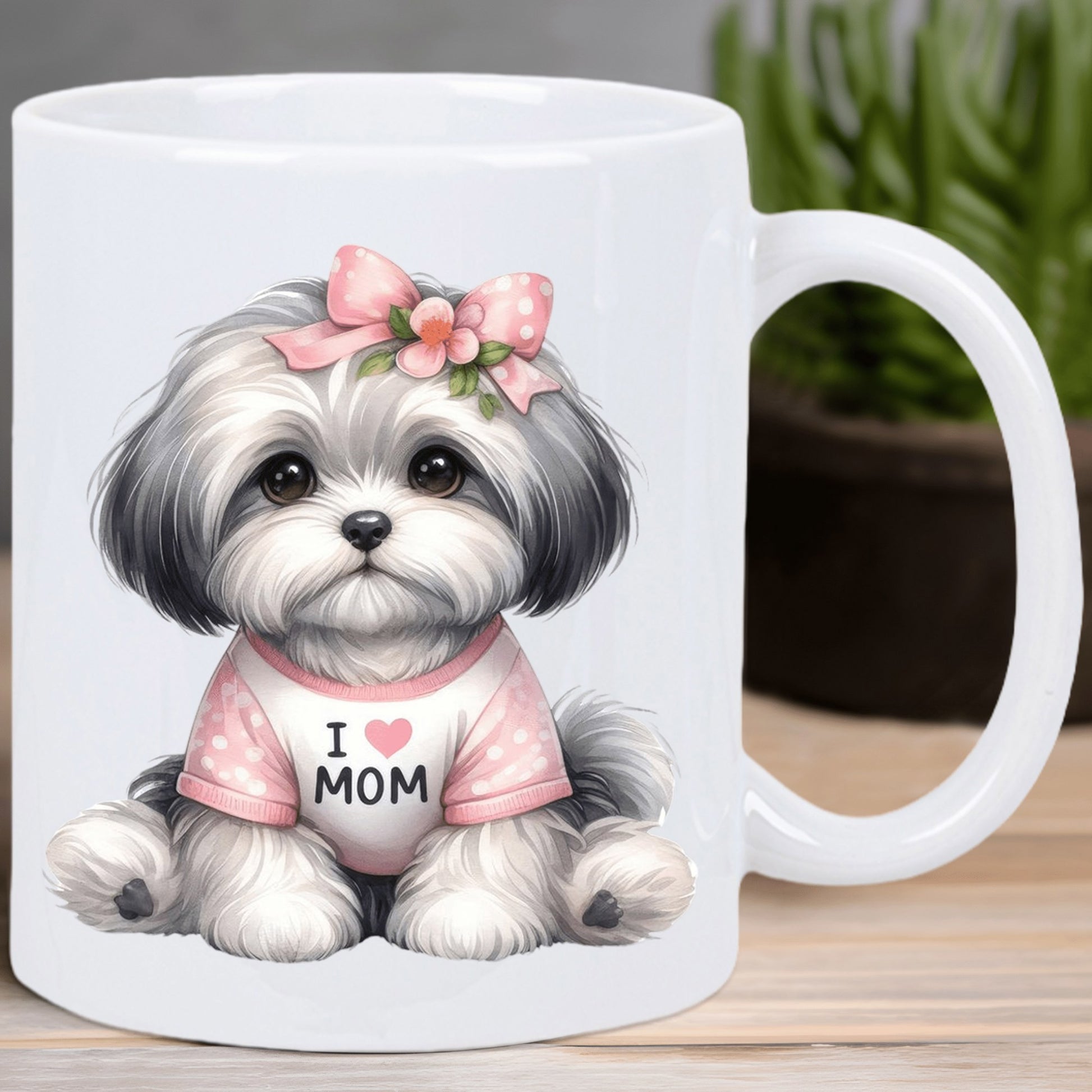 Tailorly White Ceramic 11 oz Mug - I Love Mom Adorable Fluffy Shih Tzu Wearing Pink Bow Among Spring Flowers Dog