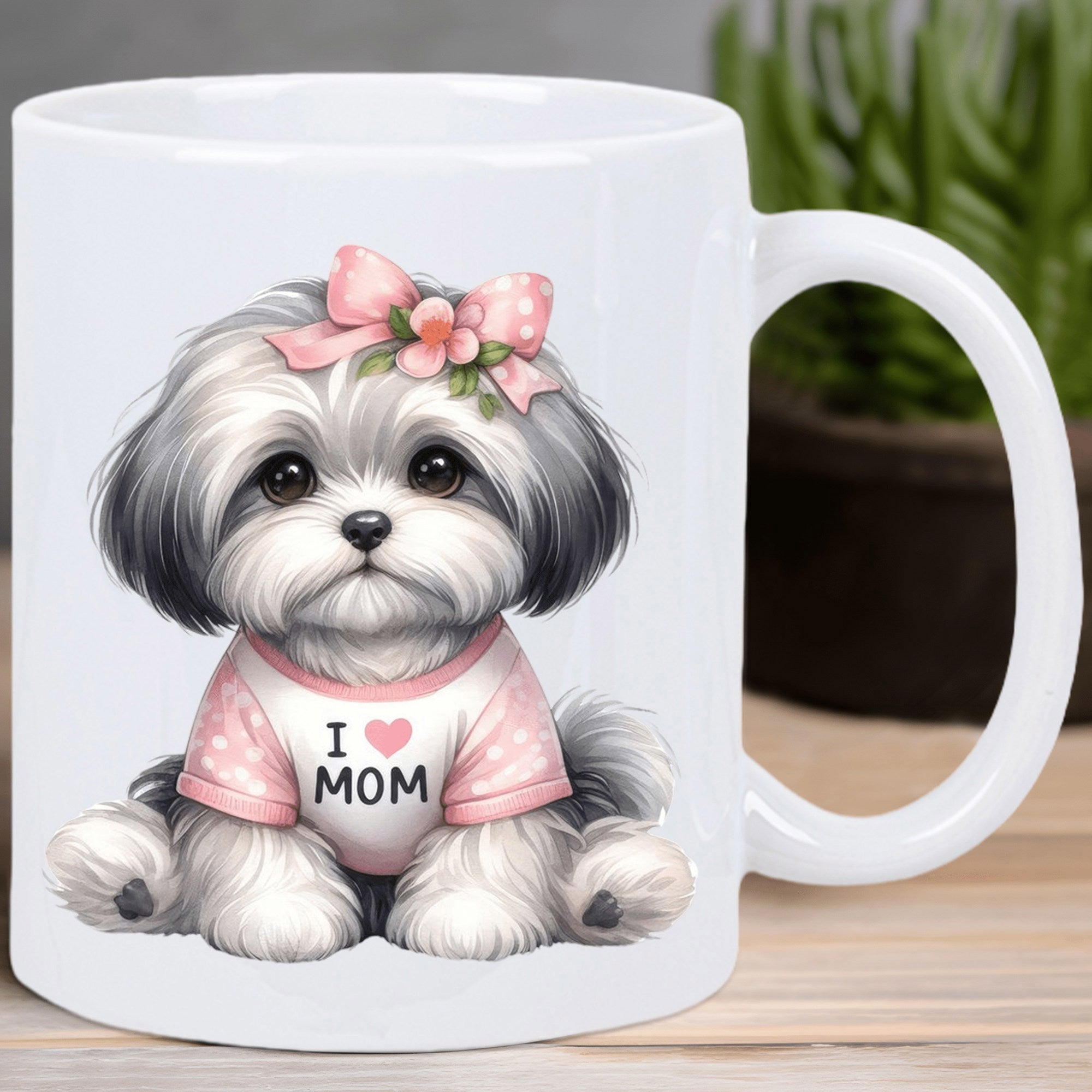 Tailorly White Ceramic 11 oz Mug - I Love Mom Adorable Fluffy Shih Tzu Wearing Pink Bow Among Spring Flowers Dog