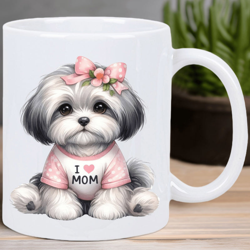 Tailorly White Ceramic 11 oz Mug - I Love Mom Adorable Fluffy Shih Tzu Wearing Pink Bow Among Spring Flowers Dog