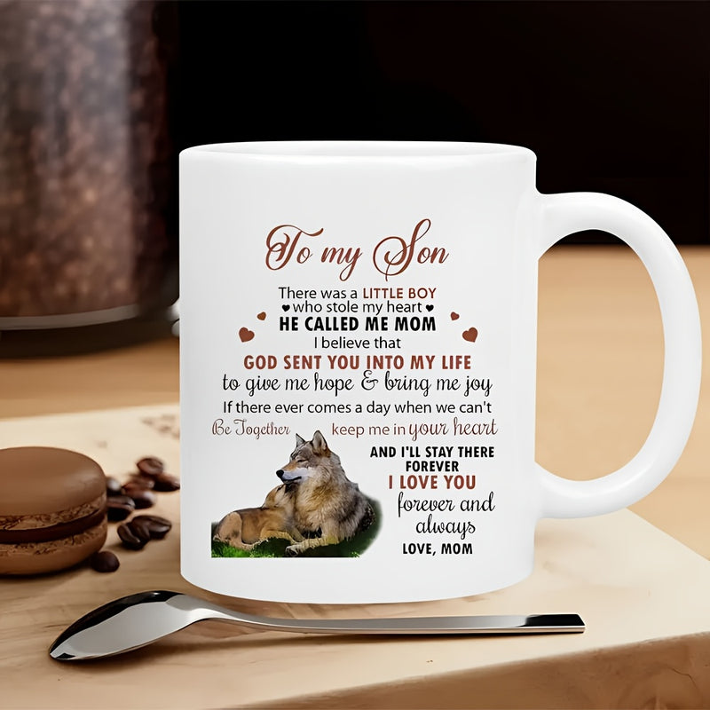 Tailorly White Ceramic 11 oz Mug - To My Son Majestic Wild Animal Resting Peacefully On Green Grass Under Soft Light Wolf