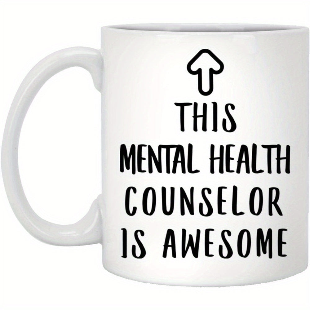 Tailorly White Ceramic 11 oz Mug - This Mental Health Counselor Is Awesome Minimalist Linear Upward Pointing Sign With Bold Modern Script Text Arrow