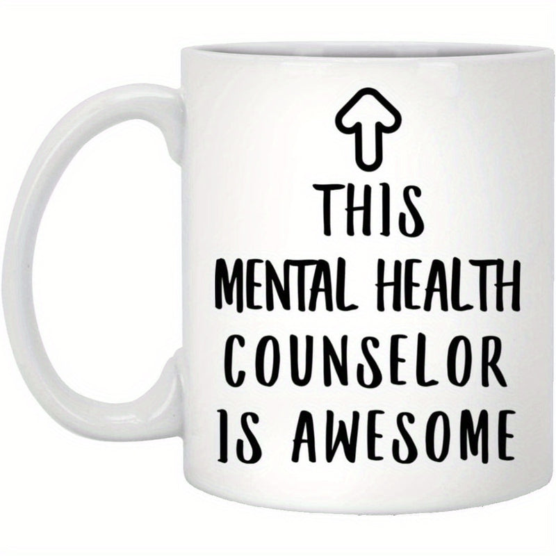 Tailorly White Ceramic 11 oz Mug - This Mental Health Counselor Is Awesome Minimalist Linear Upward Pointing Sign With Bold Modern Script Text Arrow