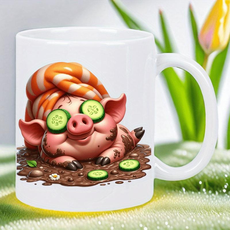 Tailorly White Ceramic 11 oz Mug - Pink Cartoon Animal Wearing Striped Towel With Cucumber Eyes Relaxing In Mud Pig