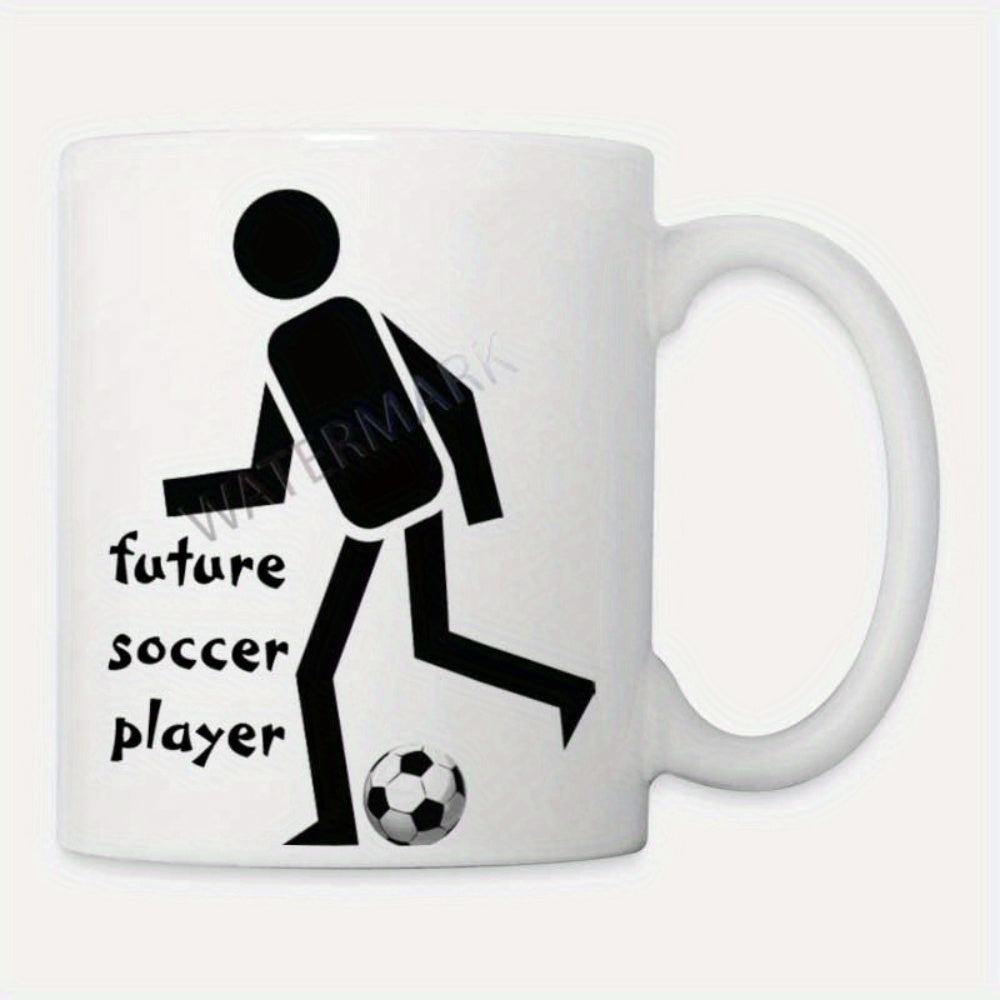 Tailorly White Ceramic 11 oz Mug - Future Soccer Player Minimalist Black Stick Figure Moving To Kick A Realistic Soccer Ball Player