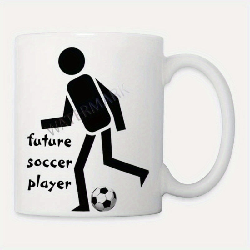 Tailorly White Ceramic 11 oz Mug - Future Soccer Player Minimalist Black Stick Figure Moving To Kick A Realistic Soccer Ball Player