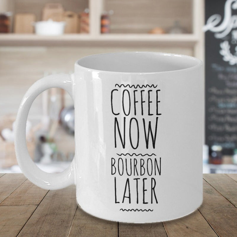 Tailorly White Ceramic 11 oz Mug - Coffee Now Bourbon Later Elegant Minimalist Tall Hand Drawn Typography With Delicate Wavy Line Accents Mug