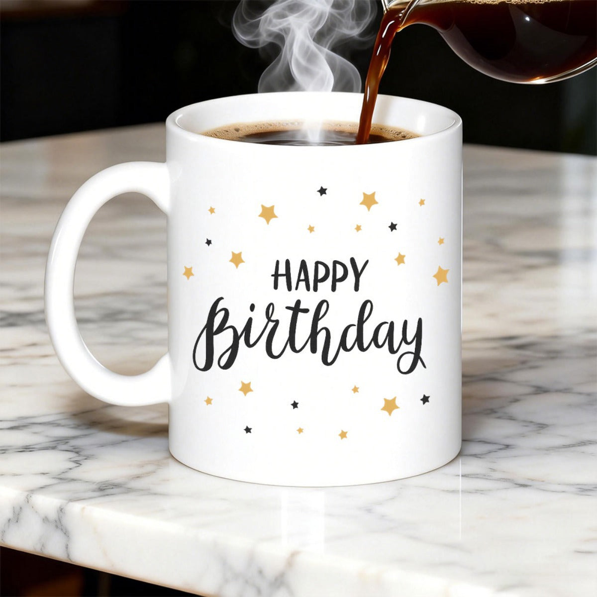 Tailorly White Ceramic 11 oz Mug - Happy Birthday Elegant Golden Stars And Dark Polka Dots Scattered Around The Text Mug