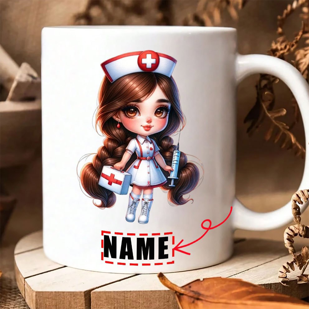 Tailorly White Ceramic 11 oz Mug - Name Adorable Chibi Girl Holding Medical Kit And Large Plastic Syringe Nurse