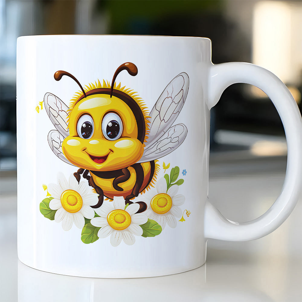 Tailorly White Ceramic 11 oz Mug - Cheerful Little Bumblebee With Delicate Wings Flying Above Sunny White Garden Daisies Bee