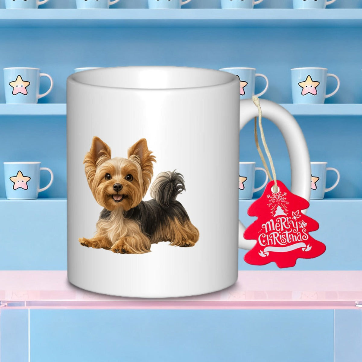Tailorly White Ceramic 11 oz Mug - Merry Christmas Cute Fluffy Brown And Black Dog Lying Down Yorkshire Terrier