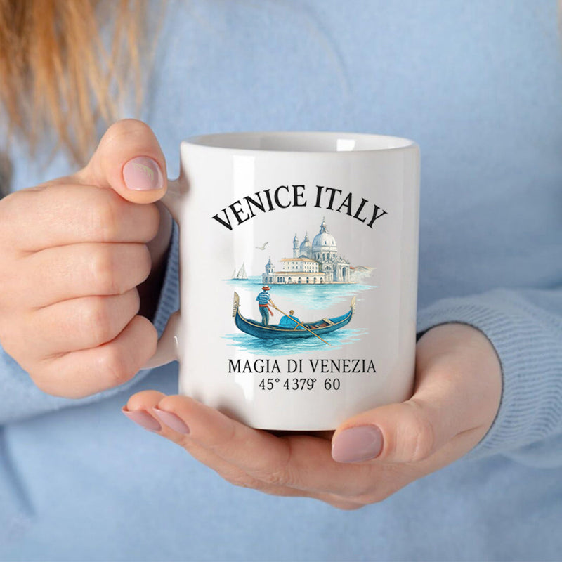 Tailorly White Ceramic 11 oz Mug - Venice Italy Watercolor Scenery With Classic Gondola Drifting Near Historic Architecture Waterfront Gondola