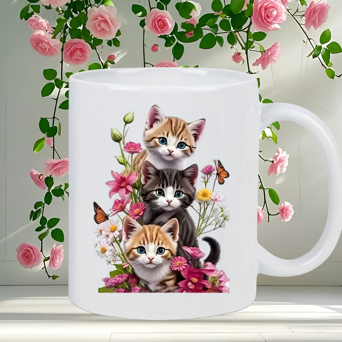 Tailorly White Ceramic 11 oz Mug - Three Adorable Little Kittens Sitting Among Vibrant Blooming Pink Rose Garden Cat